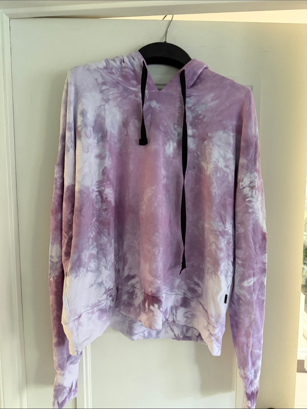 Lavender Tie-Dye Cowl Neck Hoodie with Black Drawstrings
